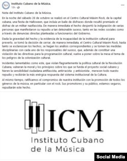 Post en Facebook del Instituto Cubano de La Música.