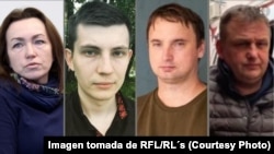 Periodistas de RFE/RL encarcelados (de izquierda a derecha): Alsu Kurmasheva, Ihar Losik, Andrey Kuznechyk y Vladyslav Yesypenko.