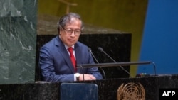 El presidente de Colombia Gustavo Petro habla en la apertura del Foro Permanente para las Cuestiones Indígenas de Naciones Unidas. (Eskinder Debebe / UN Photo / AFP)