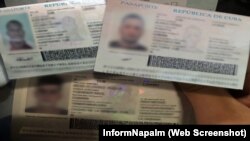 Collage de fotos de pasaportes de cubanos publicadas por InformNapalm. La información de identidad ha sido suprimida de la imagen original.