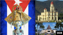 Imagen de la Virgen de la Caridad del Cobre, su Santuario Nacional en la Basílica del Cobre en Santiago de Cuba y su Ermita en Miami.