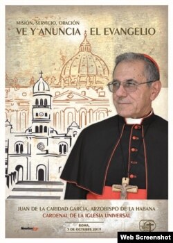 El cartel distribuido en las 11 diócesis cubanas para celebrar la investidura el sábado del nuevo cardenal cubano y actual Arzobispo de La Habana, Monseñor Juan de la Caridad García Rodríguez (tomado de https://iglesiacubana.org).