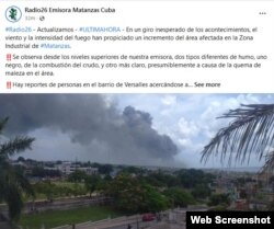 Post en Facebook de Radio 26 advierte sobre el humo blanco, por el incendio de maleza provocado por derrame del segundo tanque colapsado.