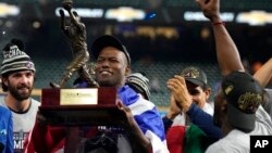 Jorge Soler tras ser elegido MVP en la Serie Mundial. AP Photo/David J. Phillip