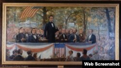 Pintura de uno de los debates de Abraham Lincoln con Stephen Douglas, 18 de septiembre de 1858.