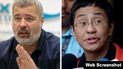 El Premio Nobel de la Paz 2021 fue concedido a los periodistas Dmitry Muratov de Rusia (izquierda) y a Maria Ressa de Filipinas por su lucha por la libertad de expresión. 2021 Mikhail Metzel/AP Images, (c) 2019 Aaron Favila/AP Images