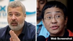 El Premio Nobel de la Paz 2021 fue concedido a los periodistas Dmitry Muratov de Rusia (izquierda) y a Maria Ressa de Filipinas por su lucha por la libertad de expresión. 2021 Mikhail Metzel/AP Images, (c) 2019 Aaron Favila/AP Images