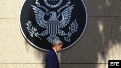 John Kerry, secretario estadounidense de Estado, el 14 de agosto de 2015, en la ceremonia de izado de la bandera estadounidense en la embajada de ese país en La Habana.