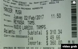 Billete Reynosa-Nuevo Laredo comprado por uno de los cubanos desaparecidos.