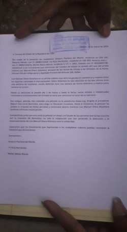 Copia de la carta entregada en el Consejo de Estado. (Foto cortesía del Movimiento San Isidro)