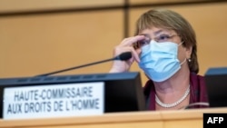 La Alta Comisionada Michelle Bachelet durante la apertura del Consejo de Derechos Humanos de la ONU, en Ginebra, el 14 de septiembre de 2020 (Martial Trezzini / AFP).