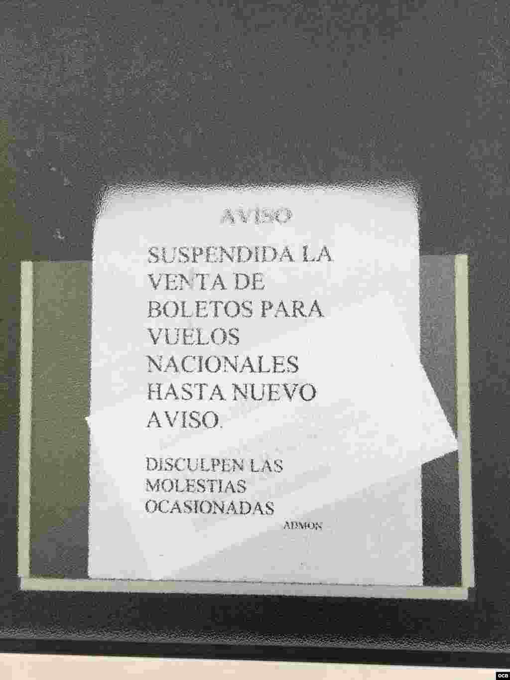 Aviso de cancelación de vuelos de Cubana de Aviación