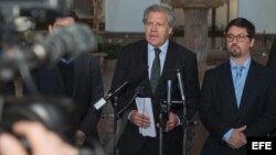 Fotografía cedida por la OEA de su secretario general, Luis Almagro (i), hablando con la prensa.