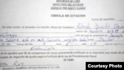 Citación a Rolando Dimitri Oquendo hijo de Dama de Blanco María Cristina Labrada