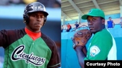 Yasiel Puig y el lanzador Noelvis Entenza, con los colores del Cienfuegos.