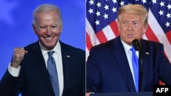 Combinación de fotografías de Joe Biden y Donald Trump en la madrugada del 4 de noviembre.