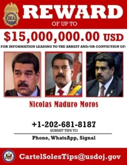 Cartel de la DEA anunciando recompensa por información que conduzca a la captura y enjuiciamiento del gobernante venezolano Nicolás Maduro.