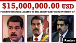 Cartel de la DEA anunciando recompensa por información que conduzca a la captura y enjuiciamiento del gobernante venezolano Nicolás Maduro.