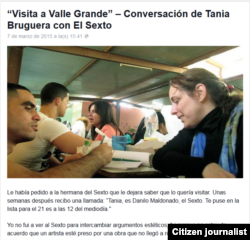 Reporta Cuba. Tania Bruguera visita a "El Sexto". Foto: FB Bruguera.