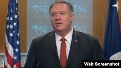 El Secretario de Estado Mike Pompeo al anunciar sanciones contra una compañía estatal cubana.