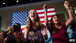 Seguidores de la candidata presidencial demócrata Hillary Clinton celebran resultados de votaciones en Florida.