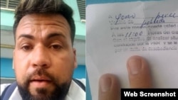 Johan Pérez Leyva. A la derecha, la citación policial que recibió. (Facebook)