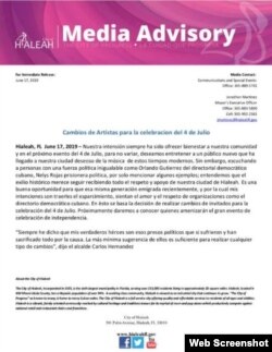 Nota de prensa de la Ciudad de Hialeah.