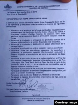 "A partir de la no entrada de diesel a nuestro Grupo Empresarial desde el día de 5 de septiembre y consumido [sic] todas las coberturas, informo las siguientes afectaciones...", dice al principio el documento filtrado.