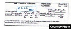 Comprobante del Banco Popular de Ahorro que exonera a Bravo de toda deuda (I).