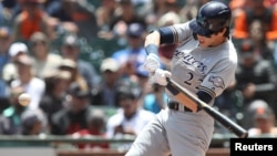 Christian Yelich, bateador de los Milwaukee Brewers. (Darren Yamashita-USA TODAY Sports)