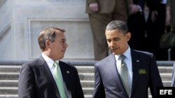 epa02638708 Speaker of the House John Boehner (R - OH) and US President Barack Obama (R) leave the US Capitol after a St. Patrick's Day luncheon in Washington, DC, USA, 17 March 2011. Obama will visit Ireland in May as part of a European trip. EPA/Olivier