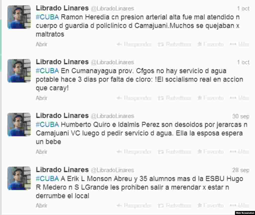 En Camajuaní en Villa Clara el ex preso político Librado Linares&nbsp; publica denuncias de&nbsp; acciones policiales contra activistas de derechos humanos no solo en su localidad si no en otras regiones. En esta ocasión Linares recibe mensjaes de texto de aquellos que aun no tienen cuentas en twitter y las hace pública a través de la suya @LibradoLinares.