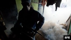 Brigadas del Ministerio de Salud (MINSA) realizan labores de fumigación hoy, viernes 12 de julio de 2013, en un barrio de Managua (Nicaragua). Un reporte de personas afectadas, que fue presentado el jueves por el Ministerio de Salud, indica que hasta el 1