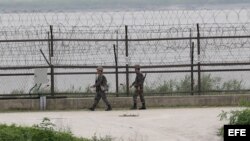 Soldados surcoreanos patrullan en la frontera con Corea del Norte en la Zona Desmilitarizada próxima a Paju, en la provincia de Gyeonggi-do (Corea del Sur). 